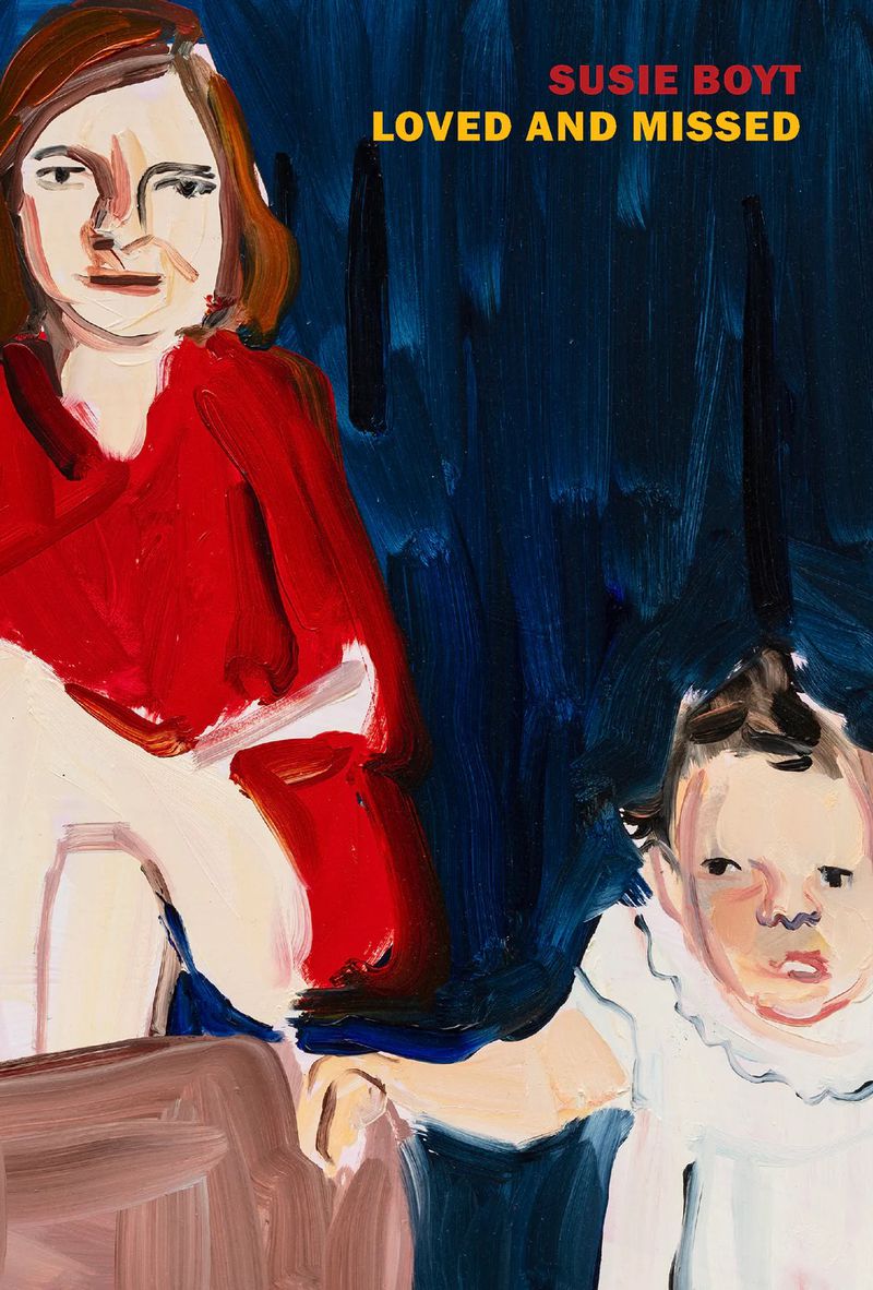 In thick oil pastel lines, an older woman in a red sweater sits next to a toddler in a white gown, both against a blue background.