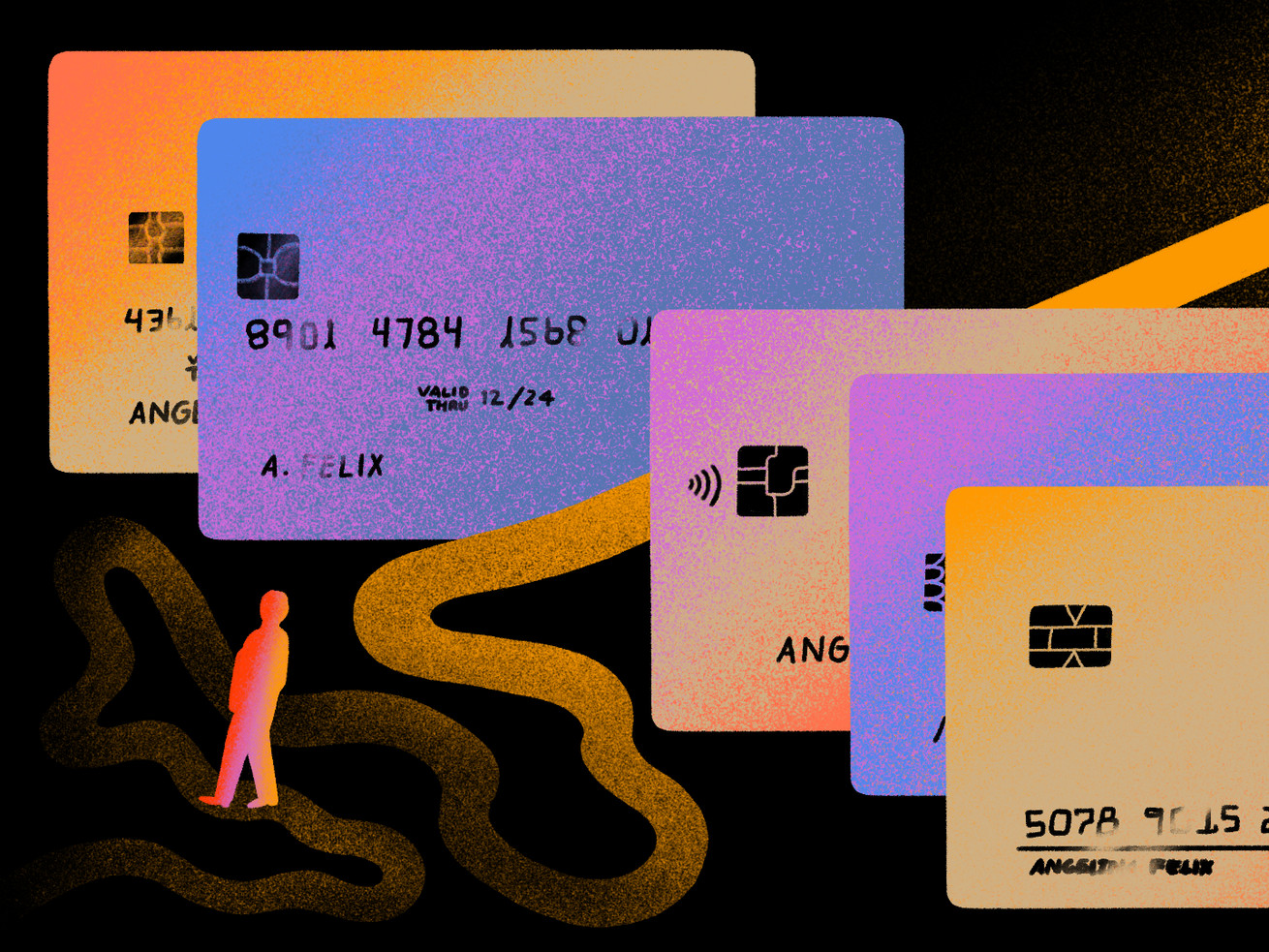 Illustration of a tiny human on a winding path through giant credit cards.