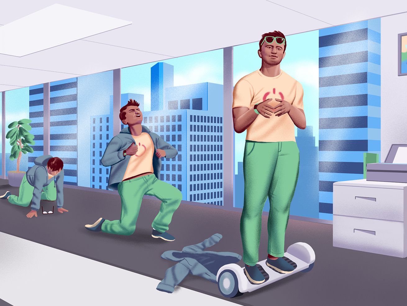 Digital illustration depicting the evolution of a man in a zip-up hoodie from sitting at a desk in front of a computer, to crawling, to lunging, to standing up straight on a hoverboard, appearing buff and muscular, with his zip-up hoodie discarded on the ground. This takes place in an office building with a glass wall overlooking skyscrapers.