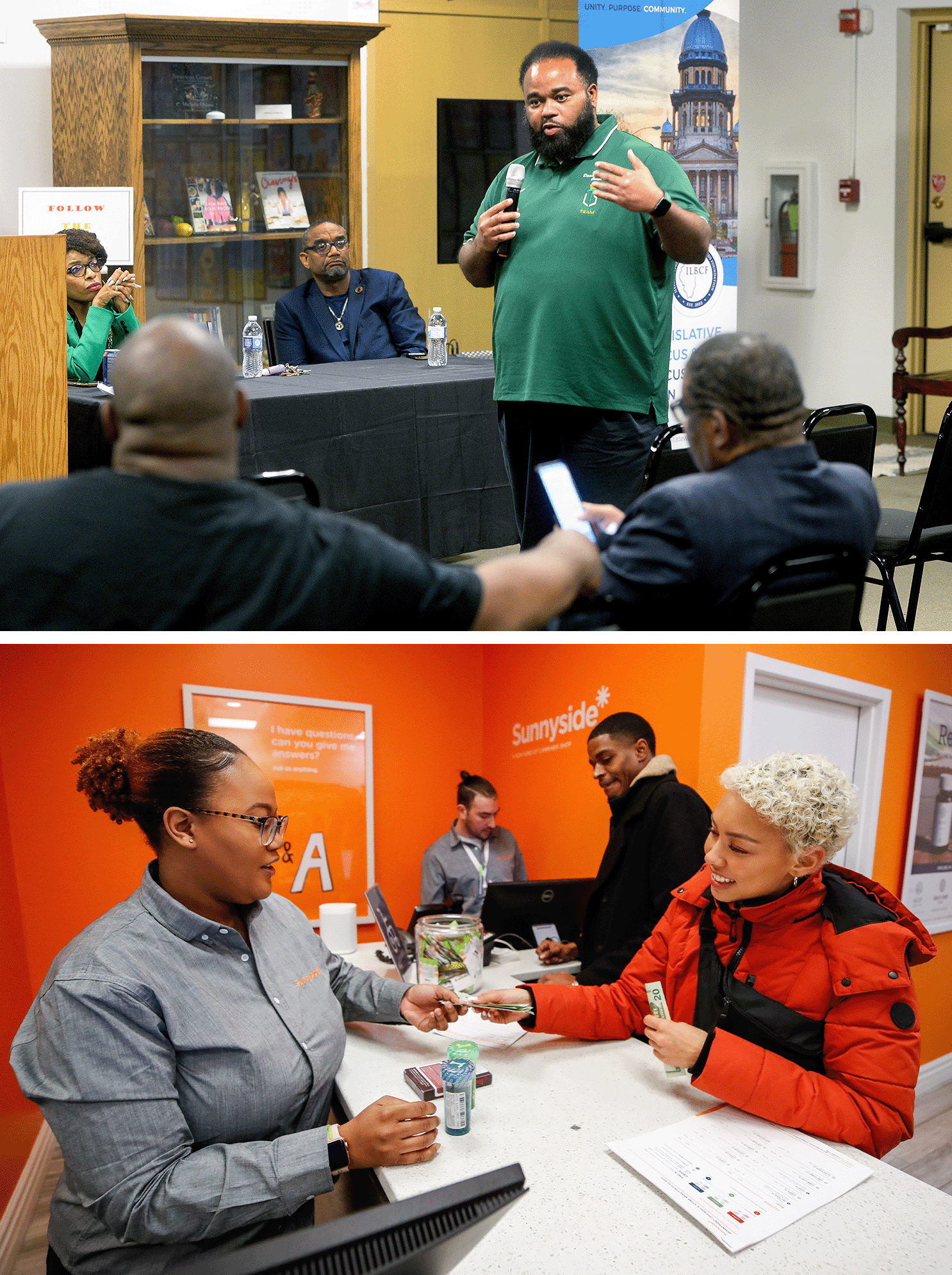 Top: Dameon Johnson talks about his problems starting up his cannabis business during a cannabis equality town hall in Springfield, Ill., on April 20, 2023. Bottom: Customer Elise Swopes makes a purchase at Sunnyside Cannabis Dispensary in Chicago, Ill., on Jan. 1, 2020, the day that recreational marijuana became legal in Illinois.