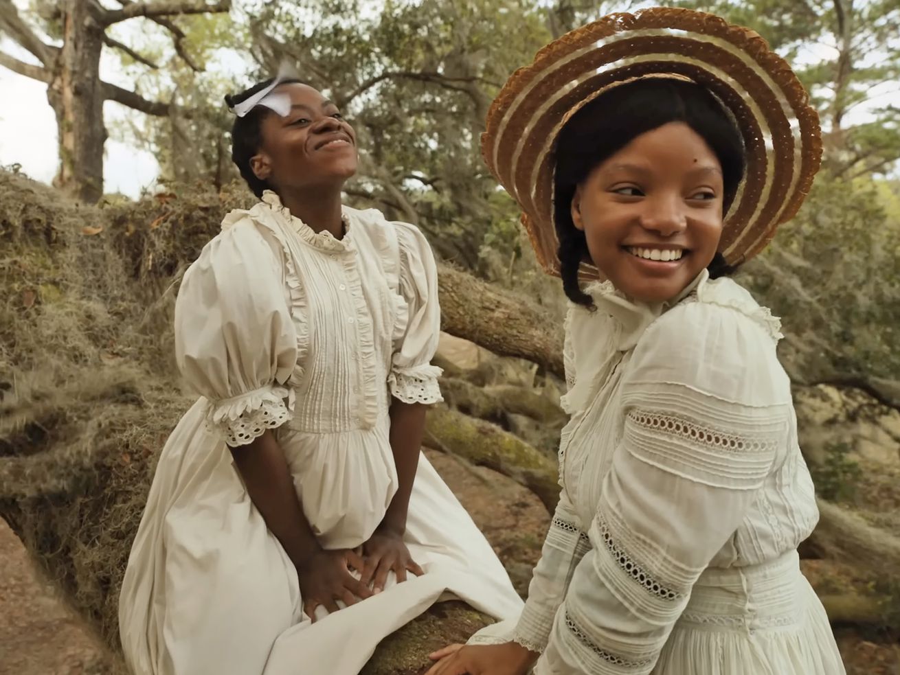 Two young Black girls in white dresses sitting in a tree.