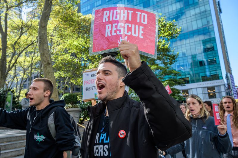 Participants marching in a rally chant and hold signs, on October 5, 2019, in Manhattan, New York. One sign reads: Right To Rescue
