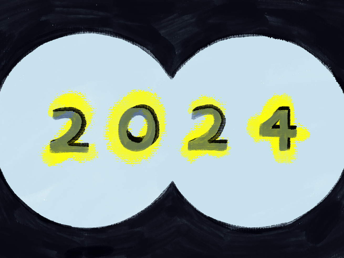 An illustrated “2024” is seen through a binocular field of view.