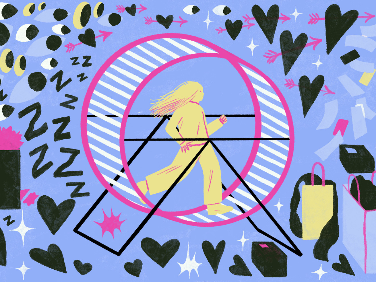 An illustration shows a woman running on a hamster wheel. She’s surrounded by a cycle of eyeballs, hearts with arrows, falling money, shopping bags, overflowing trash cans, and Zs.
