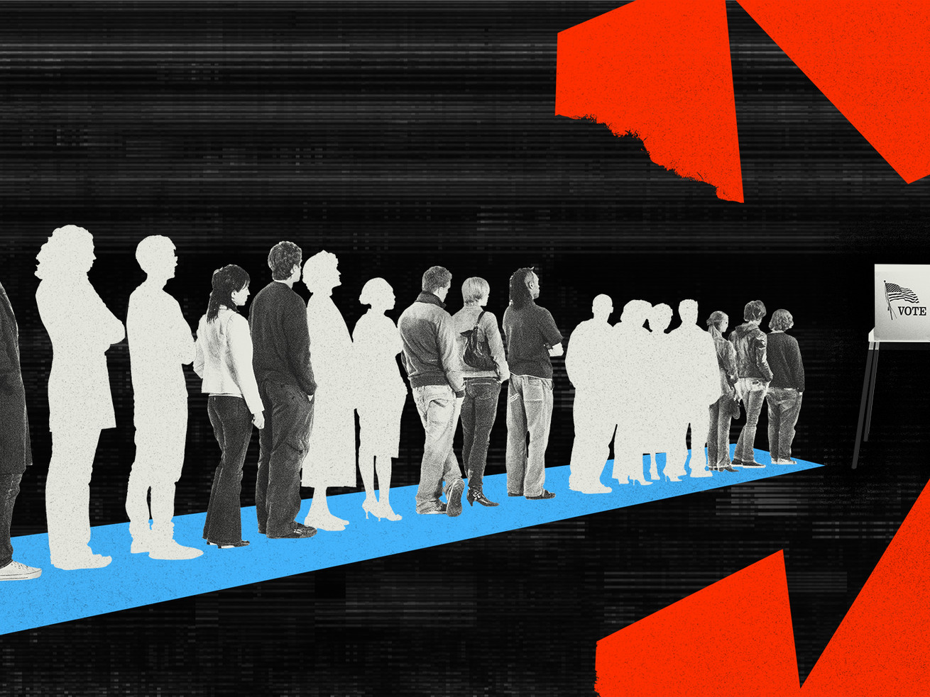 A line of people on a bright blue path wait to vote at a voting booth. Some are just silhouettes with static. A glitching screen is in the background.