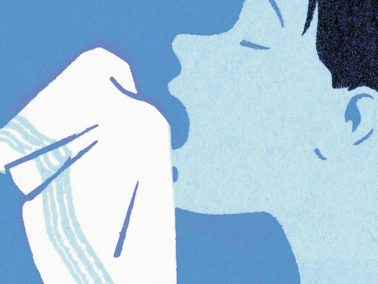 A graphic illustration in shades of blue of a person sneezing into a handkerchief. 