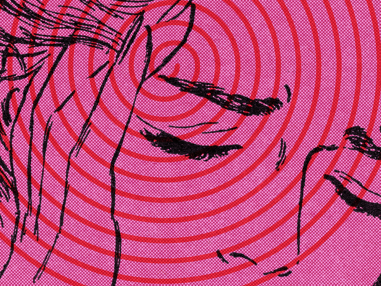An illustration of a woman wincing in pain and holding her head. A red spiral is overlaid, originating from her temple.