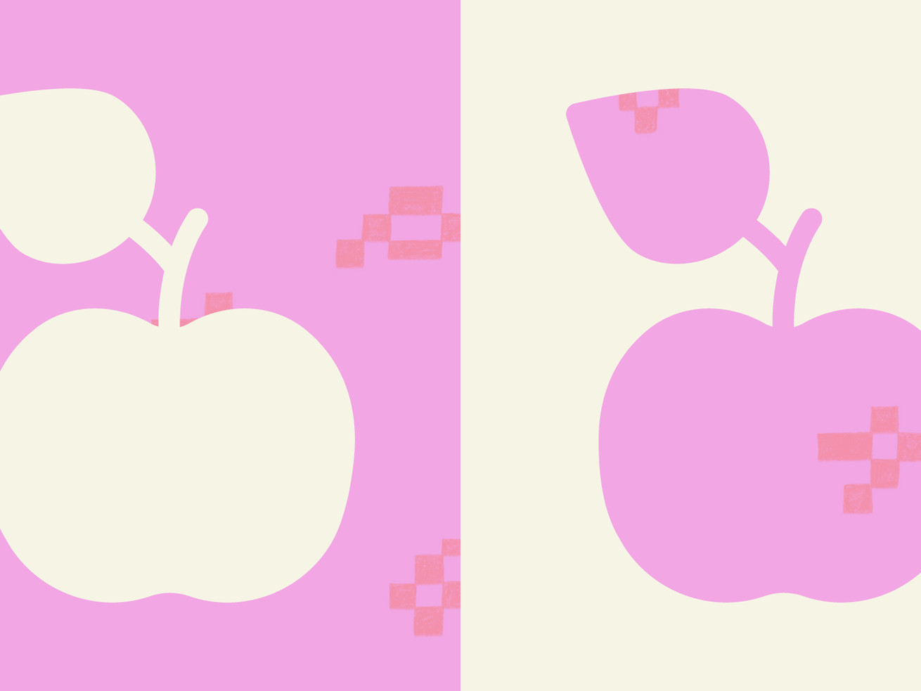 A pixelated rectangular field is split into two halves. The left half is pink and contains a white apple. The right half is white and contains an identical pink apple.