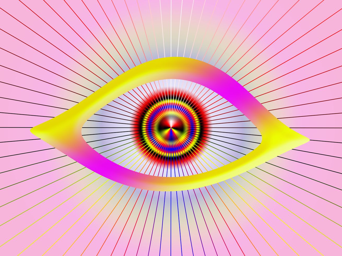 A multicolored illustration of an eye with a patterned pupil and rays emitting from it. 