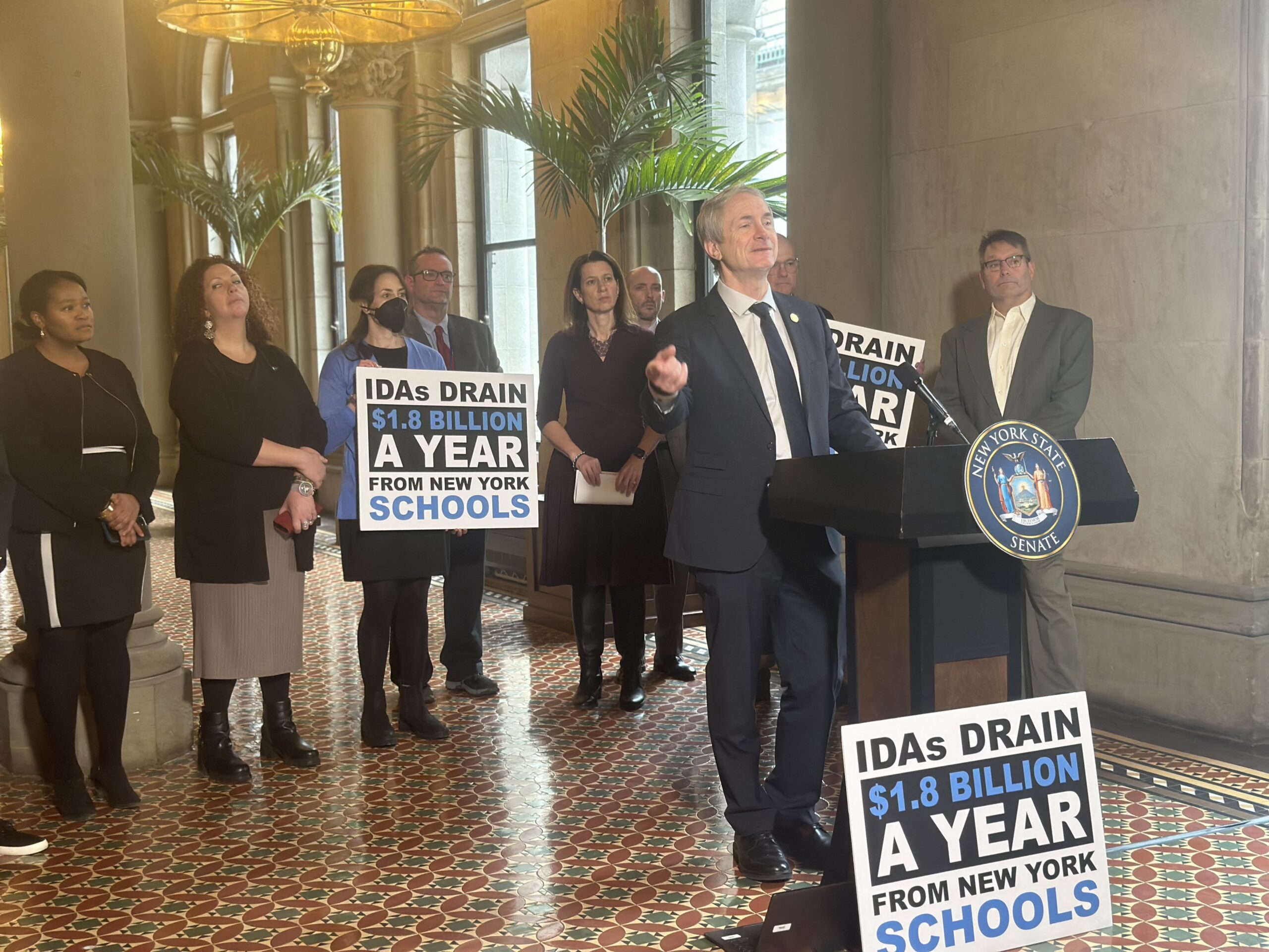 Sen. Sean Riley (D-Buffalo) advocates for legislation that would prohibit IDAs from abating tax revenues that would otherwise go to schools on Jan. 31, 2024.
