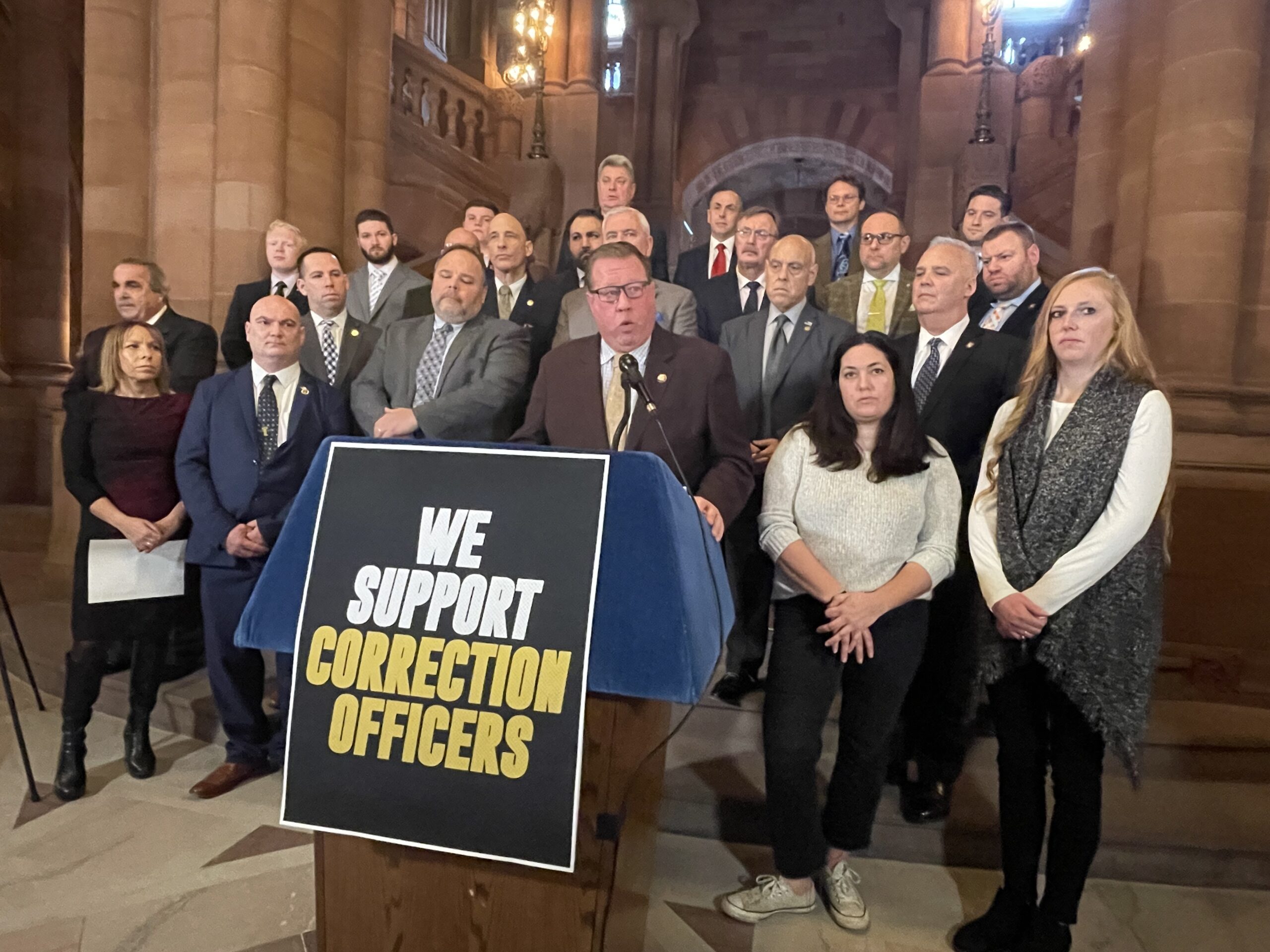 Assemblymember Chris Tague and other Assembly Republicans met at the Capitol in protest of Gov. Kathy Hochul's proposed closure of up to five prisons. 