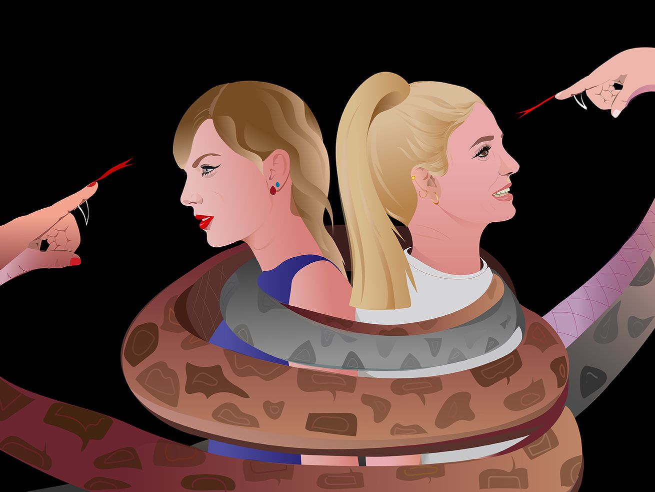 An illustration of Taylor Swift and Britney Spears being tightly wrapped together by boa constrictors. The snakes turn into hands, which are pointing fingers in the faces of the two women.