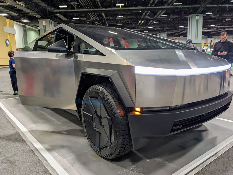 A Tesla Cybertruck sits on the show floor at the Washington Auto Show.