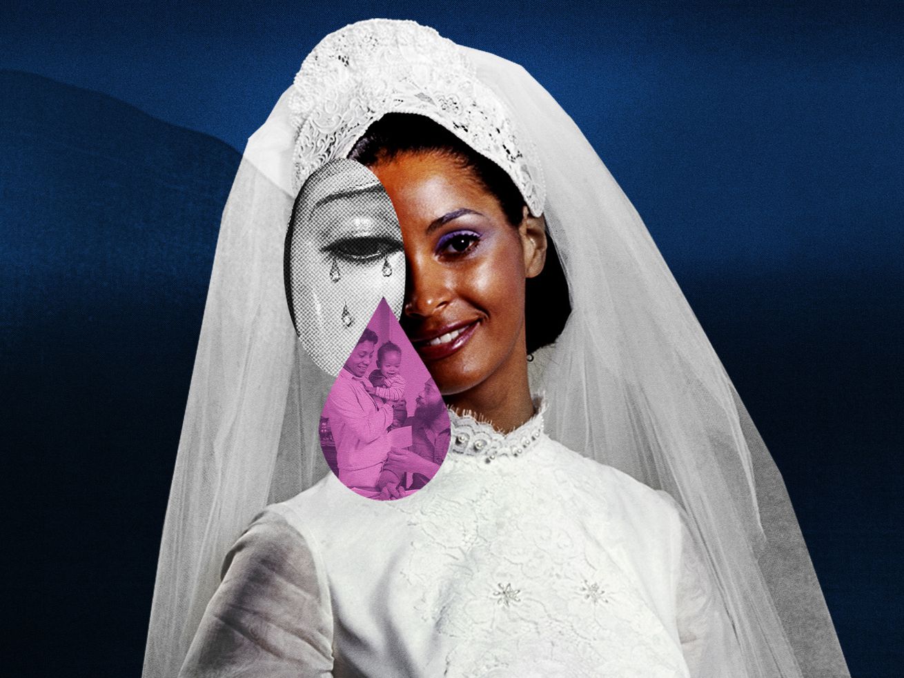 A photo of a woman wearing a 70s-era bridal gown and veil. A crying eye and a happy Black family within a lavender teardrop shape are collaged on top of the woman’s image.