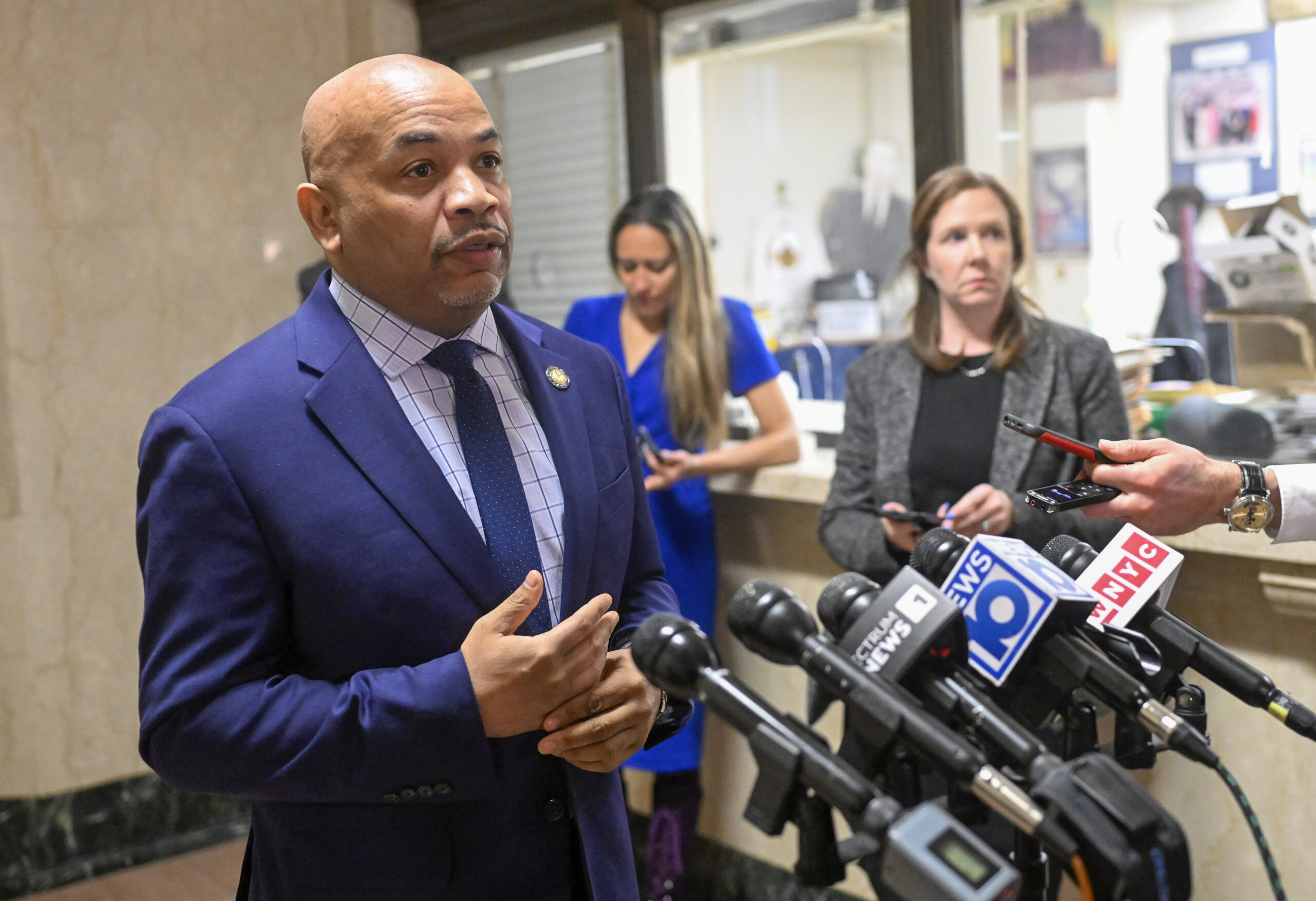 Assembly Speaker Carl Heastie updated reporters this afternoon on the state of budget talks for the fiscal year that starts April 1.