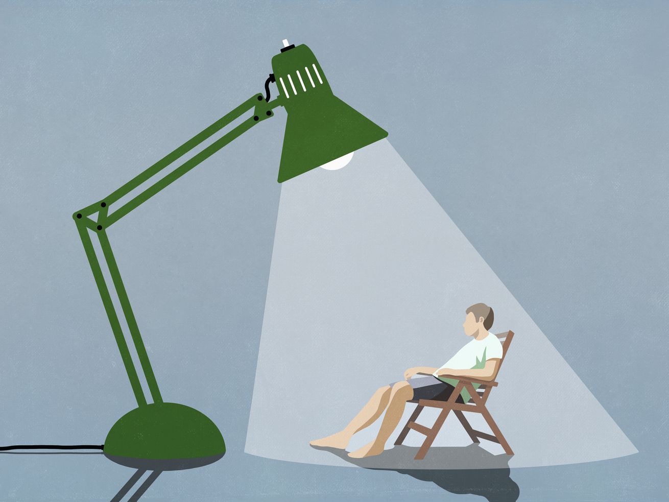An illustration of a man sitting in a beach chair basking in the light under a giant green articulated desk lamp.