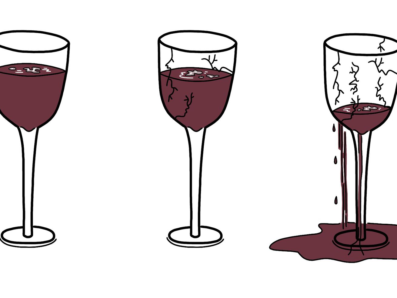 Three wine glasses: the first is intact, the second has some cracks, and the third is shattered with liquid draining out