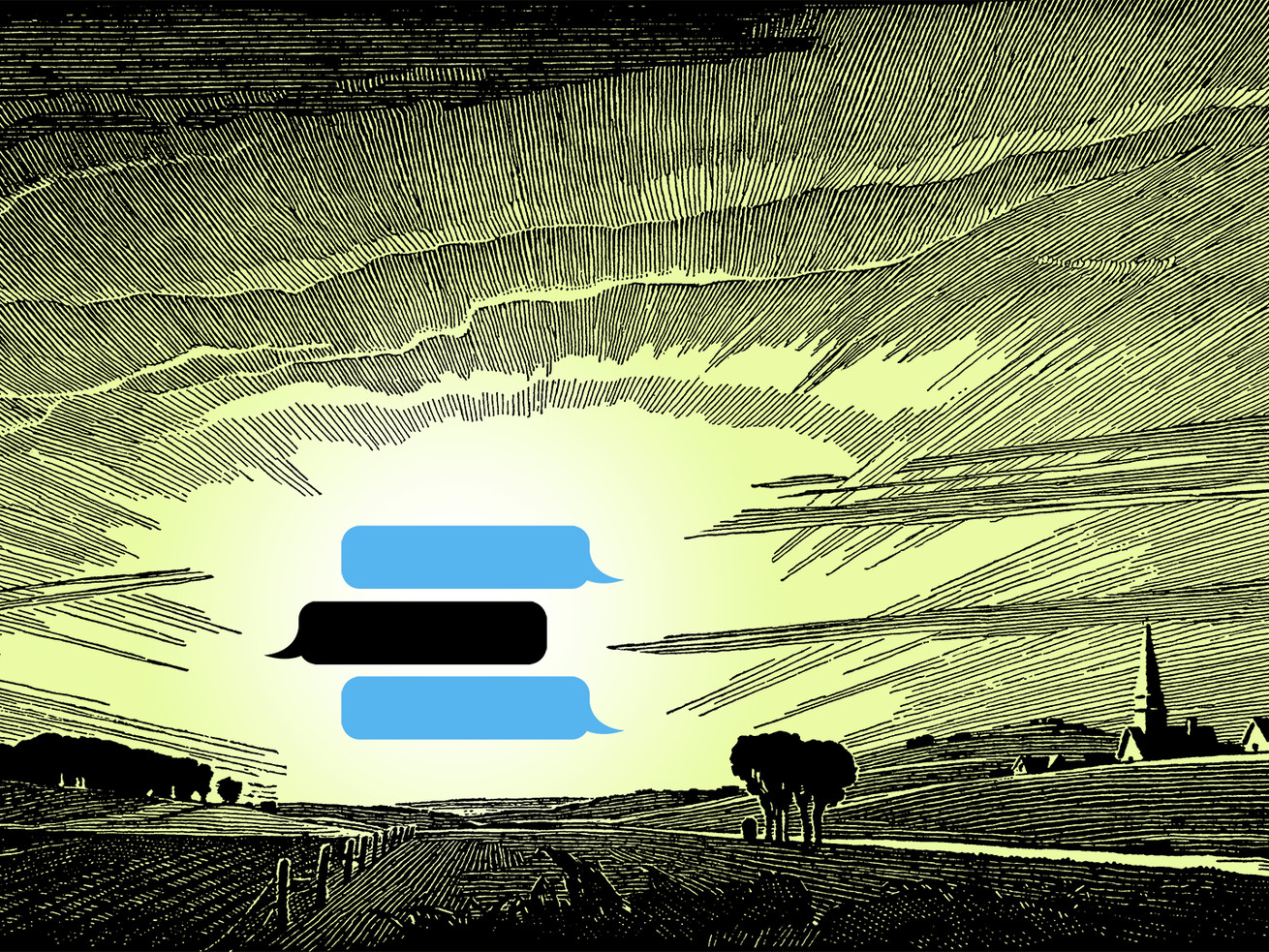 Three speech bubbles representing the OpenAI GPT chatbot store are floating above a horizon in an etched drawing of a countryside.